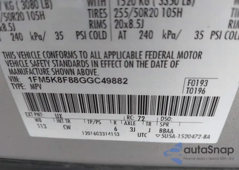 2016 Ford Explorer Limited из США, поврежденный, VIN 1FM5K8F88GGC49882